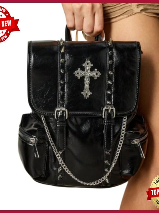 Gothic Studded Cross Backpack with Chain Detail